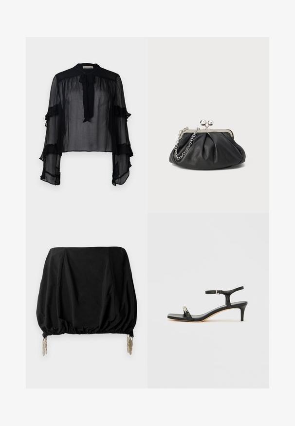 Sorte gennemsigtige bluse med lange, flæseærmer og bindebånd omkring halsen. Har letvægtsstof og en løs pasform, velegnet til lag-på-lag.; Sort cropped top med en samlede design, med elastisk kant og metalliske clips som detaljer. Fremstillet af et letvægtsstof.; Sort læder sandal med hæl og ankelrem, åben tå, firkantet front og sølvfarvede metalaccenter. Figurformet design med en slank profil.; Sort læder clutch med samlet tekstur, sølvfarvet metalramme, kys-lås lukning og kædestrop. Glat, blød overflade.