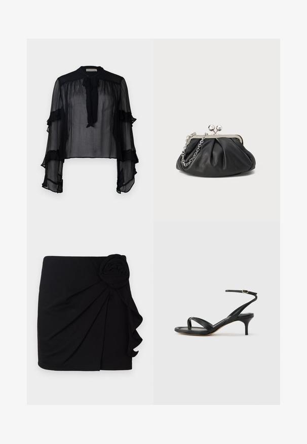 Blouse noire transparente avec de longues manches volantes et un col à nouer. Fabriquée en tissu léger et avec une coupe ample, elle est idéale pour superposer.; Jupe mini noire en tissu doux avec un design plissé. Présente un accent en forme de rose en tissu sur le côté et un ourlet à volants.; Sandale pour femme en cuir noir avec fines lanières, une boucle d'orteil, une boucle à la cheville et un talon aiguille de hauteur moyenne sur un fond neutre.; Porte-monnaie en cuir noir avec texture froncée, cadre en métal argenté, fermeture à verrouillage kiss-lock et bandoulière en chaîne. Surface lisse et douce.
