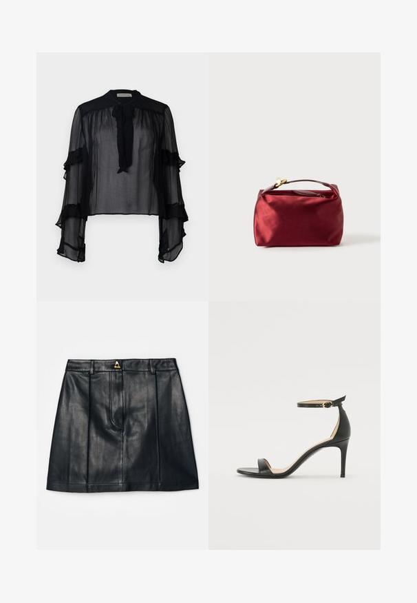 Blusa negra transparente con mangas largas y volantes, y un lazo en el cuello. Confeccionada con tejido ligero y un corte suelto, ideal para superponer.; AERON RUDENS SKIRT - Falda acampanada - black; Sándalo de tacón alto de piel negra con tiras en el tobillo. Presenta una textura suave, puntera abierta y un tacón delgado. Detalles de hebilla en tono dorado.; Bolso de cosméticos de satén burdeos con forma rectangular, cierre de cremallera y un mango corto. Presenta un diseño minimalista y una textura suave.