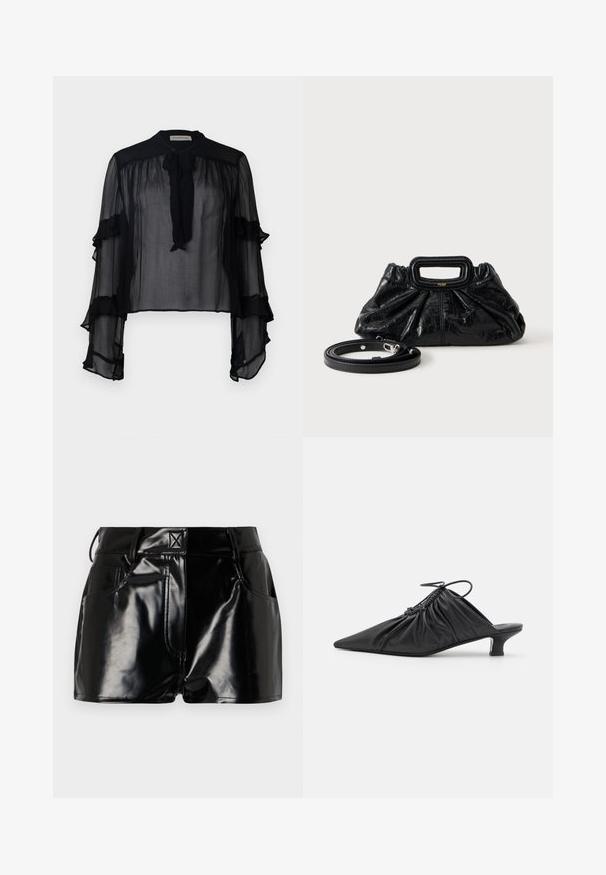 Zwarte doorschijnende blouse met lange, gerimpelde mouwen en een striknek. Gekenmerkt door lichte stof en een losse fit, geschikt voor het dragen in lagen.; Zwarte, glanzende shorts van synthetisch materiaal. Heeft een aansluitende taille, riemlussen en voorzakken met opvallende stikseldetails.; Zwarte leren instappers met een spitse neus, gegatherde textuur en een kleine kittenhiel. Heeft een trekkoorddetail aan de opening.; Kleine zwarte leren handtas met geplooide textuur, rechthoekige handgreep en afneembare dunne schouderriem ernaast geplaatst.