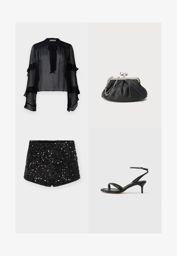Blouse noire transparente avec de longues manches volantes et un col à nouer. Fabriquée en tissu léger et avec une coupe ample, elle est idéale pour superposer.; Shorts noirs ornés de sequins avec une taille ajustée, présentant une texture lisse et une surface scintillante et réfléchissante grâce aux sequins.; Sandale pour femme en cuir noir avec fines lanières, une boucle d'orteil, une boucle à la cheville et un talon aiguille de hauteur moyenne sur un fond neutre.; Porte-monnaie en cuir noir avec texture froncée, cadre en métal argenté, fermeture à verrouillage kiss-lock et bandoulière en chaîne. Surface lisse et douce.