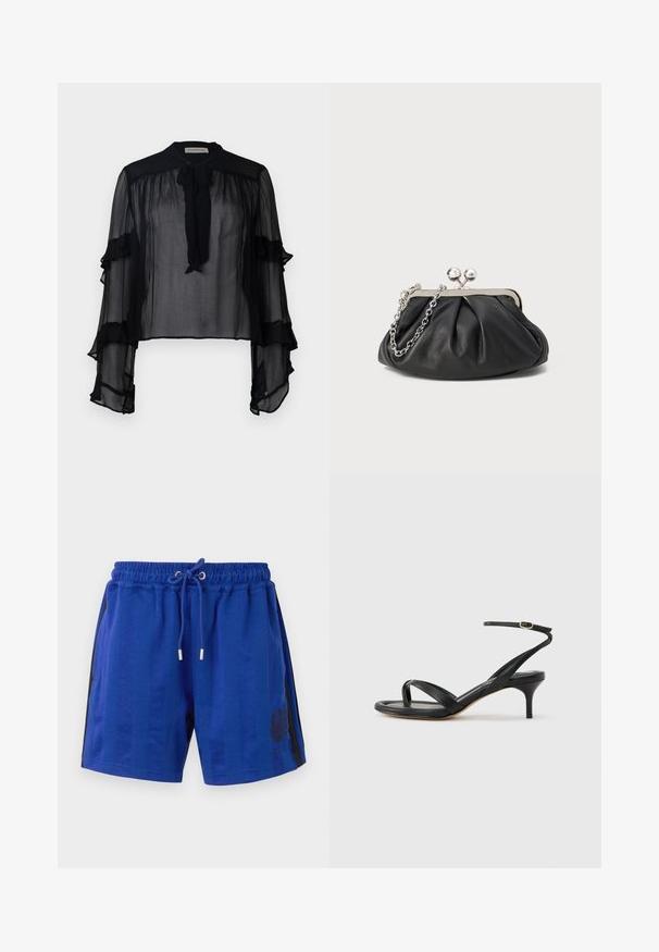 Blusa negra transparente con mangas largas y volantes, y un lazo en el cuello. Confeccionada con tejido ligero y un corte suelto, ideal para superponer.; Pantalones cortos deportivos azules con una cintura elástica, cordón, rayas negras laterales y un diseño de heráldica floral. Textura de tela suave.; Sandalia negra de cuero para mujer con tiras finas, un lazo para el dedo del pie, hebilla en el tobillo y tacón de aguja de altura media sobre un fondo neutro.; Clutch de cuero negro con textura arrugada, marco de metal en tono plateado, cierre de beso y cadena para colgar. Superficie suave y lisa.