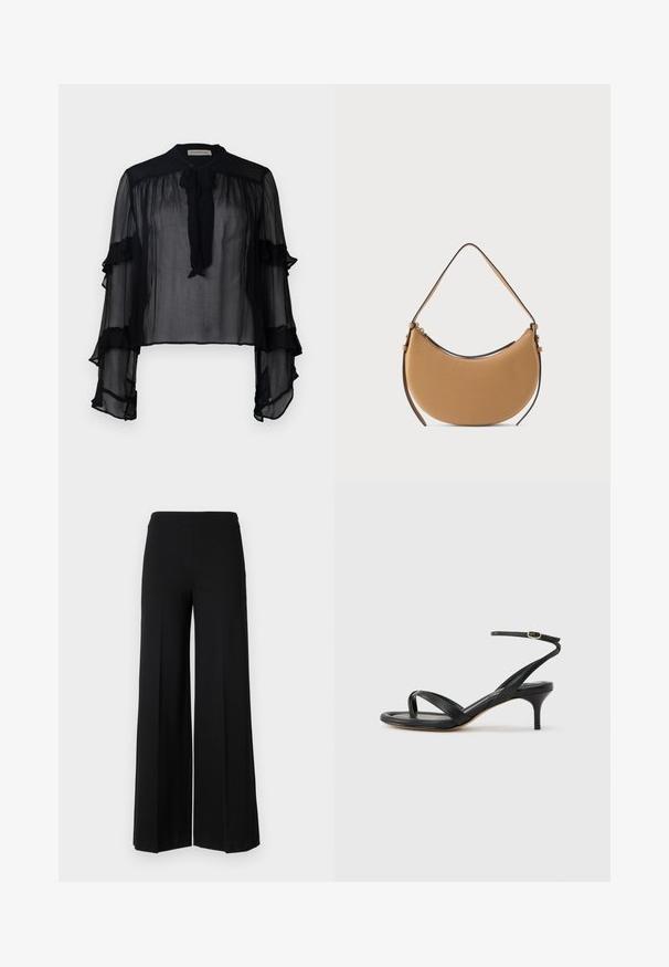 Blusa negra transparente con mangas largas y volantes, y un lazo en el cuello. Confeccionada con tejido ligero y un corte suelto, ideal para superponer.; Pantalones de pierna ancha negros con una textura suave, que presentan una cinturilla alta y sin cierres visibles. Diseño simple y limpio.; Sandalia negra de cuero para mujer con tiras finas, un lazo para el dedo del pie, hebilla en el tobillo y tacón de aguja de altura media sobre un fondo neutro.; Bolso de cuero color canela en forma de media luna con una sola correa y cierre de cremallera, mostrado sobre un fondo liso y claro.