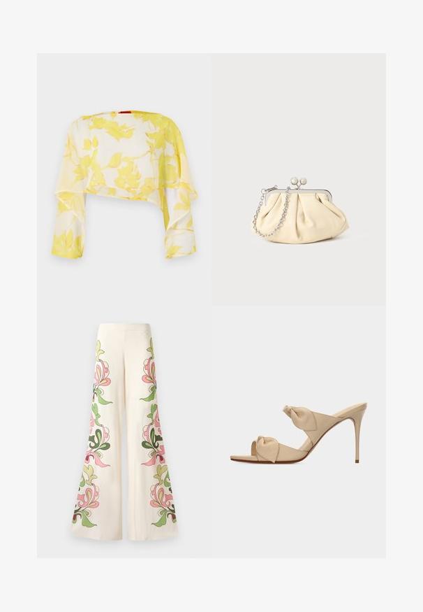 Gennemsigtig cropped top i gult blomsterprint. Letvægts, flydende materiale med lange ærmer. Blød tekstur og afslappet fald.; Bredde bukser i cremet stof med farverige blomster mønstre i pink og grøn langs siderne. Glat tekstur, design med bred ben.; Beige åben tå højhælet mule-sandal med to snoede knudestrimler og en slank stilet-hæl på hvid baggrund.; Plisseret beige læderclutch med en sølvmetalramme, der har to runde dekorative låse og en sølvkædetrasporte.
