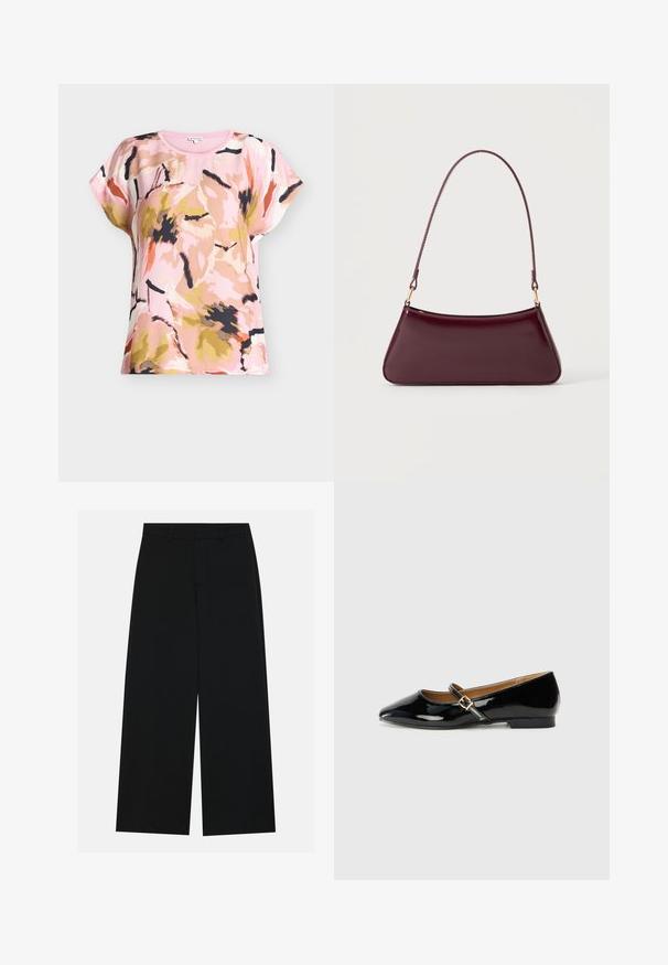 Kortærmet damebluse med abstrakt blomsterprint i pink, beige, sort og orange nuancer på en lyserød baggrund.; Breddebenede sorte bukser lavet af et glat stof. Har en flad talje med bæltestropper og ingen synlige lommer. Simpelt design.; Sorte patenterede lædersko med spids tå, ankelrem med en guldfarvet spænde og en lav blokhæle. Glat, skinnende overflade.; Mørk burgunderglans håndtaske med et enkelt tyndt håndtag og en elegant, trapezformet form på en ensartet lys baggrund.