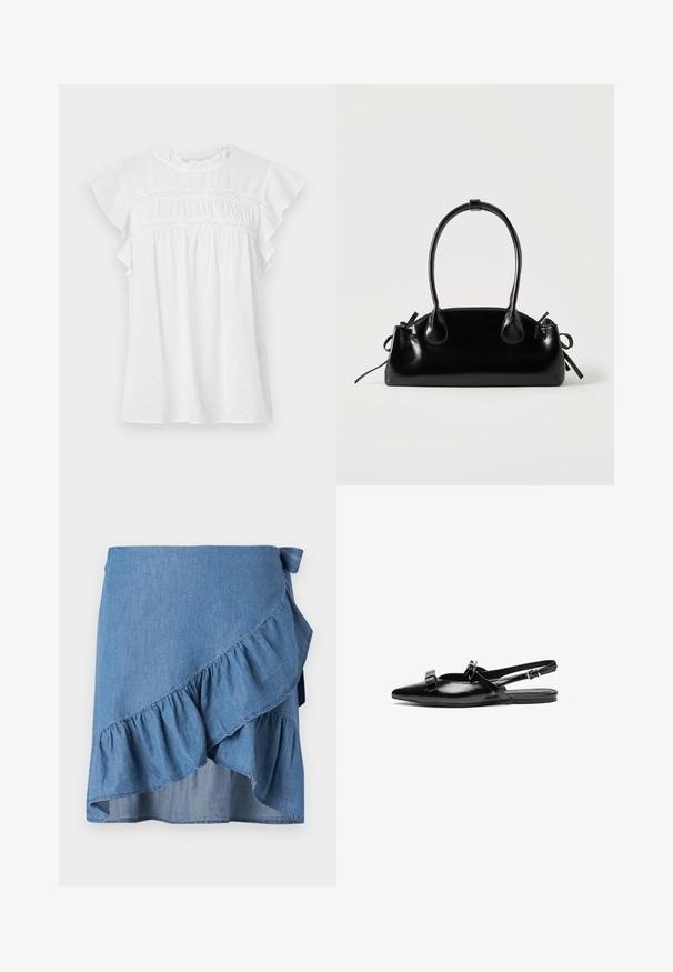 Hvid kortærmet bluse med flæser på ærmerne, draperet front med blonderdetaljer og et tekstureret mønster på lette materialer.; Lysblå denimwrapnederdel med volangkant og bindebånd i taljen. Glat tekstur og en svævende silhuet.; Sort læderslingback flad sko med spids tå, prydet med volangdetaljer på bæltet og justerbar ankelrem. Glat overfladetextur.; Lille sort blank håndtaske med to lange håndtag og snøre-detaljer i siden på en ensfarvet lys baggrund.