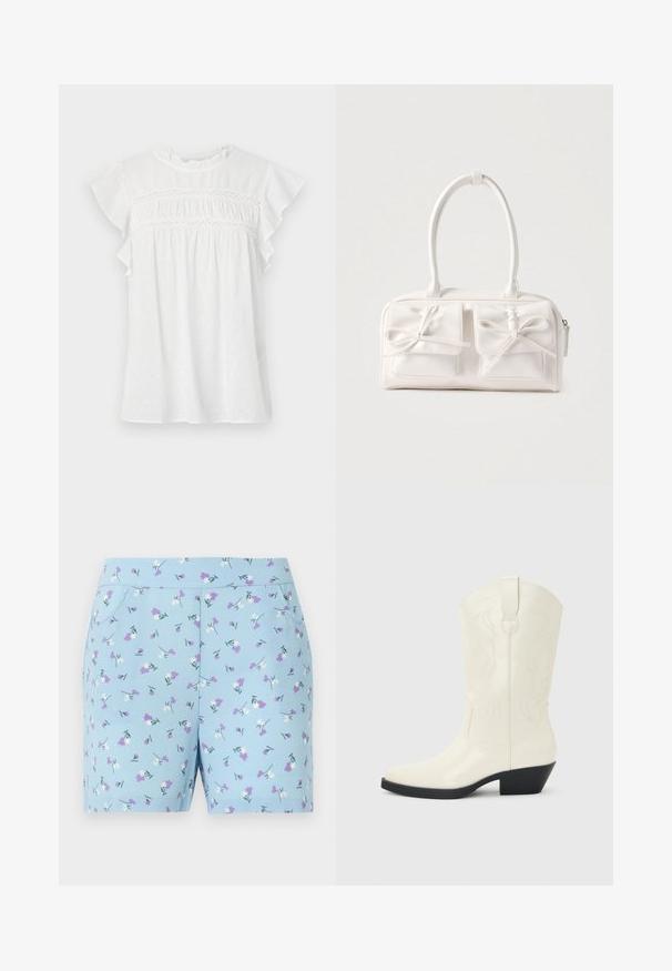 Blouse blanche à manches courtes, avec des manches volantes, un devant froncé avec des détails en dentelle, et un motif texturé sur un tissu léger.; Shorts bleus en tissu doux, ornés d'un motif floral avec des fleurs blanches et violettes, et avec des poches latérales. Conçus pour le confort et le style.; Botte blanche de style western mi-mollet avec bout pointu, talon empilé noir, coutures décoratives et languette de tirage sur la tige.; Sac à main synthétique blanc avec deux poches avant, chacune ornée d'un nœud noué. Texture lisse, anses arrondies et fermeture zippée.
