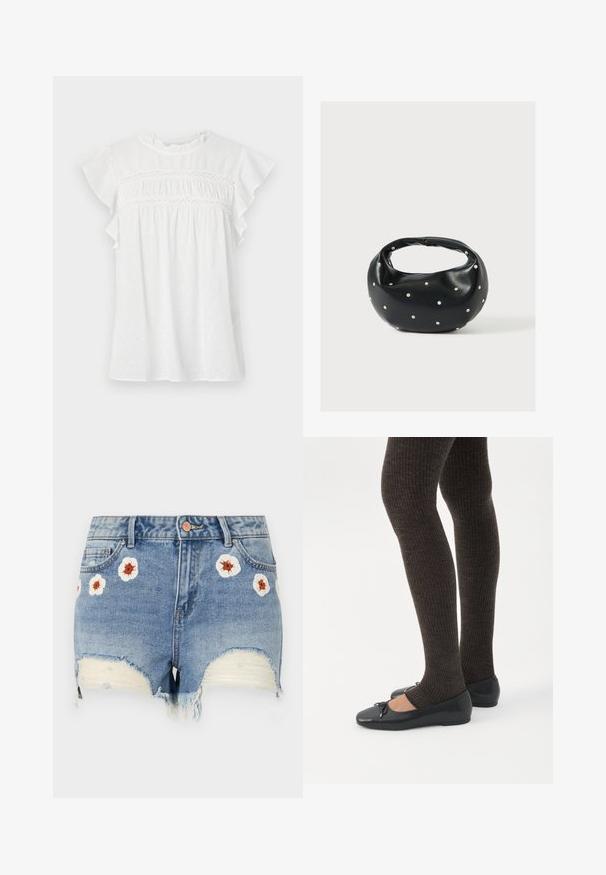 Blouse blanche à manches courtes, avec des manches volantes, un devant froncé avec des détails en dentelle, et un motif texturé sur un tissu léger.; Shorts en denim avec un ourlet effiloché, de couleur bleu clair, ornés de broderies florales blanches et brunes sur le devant. Design à cinq poches.; Jambes portant des leggings côtelés foncés associés à des ballerines noires avec de petits détails en nœud sur fond blanc.; Sac à main en cuir noir de forme arrondie, décoré de clous argentés et équipé d'une poignée courte. Texture lisse et fermeture éclair.