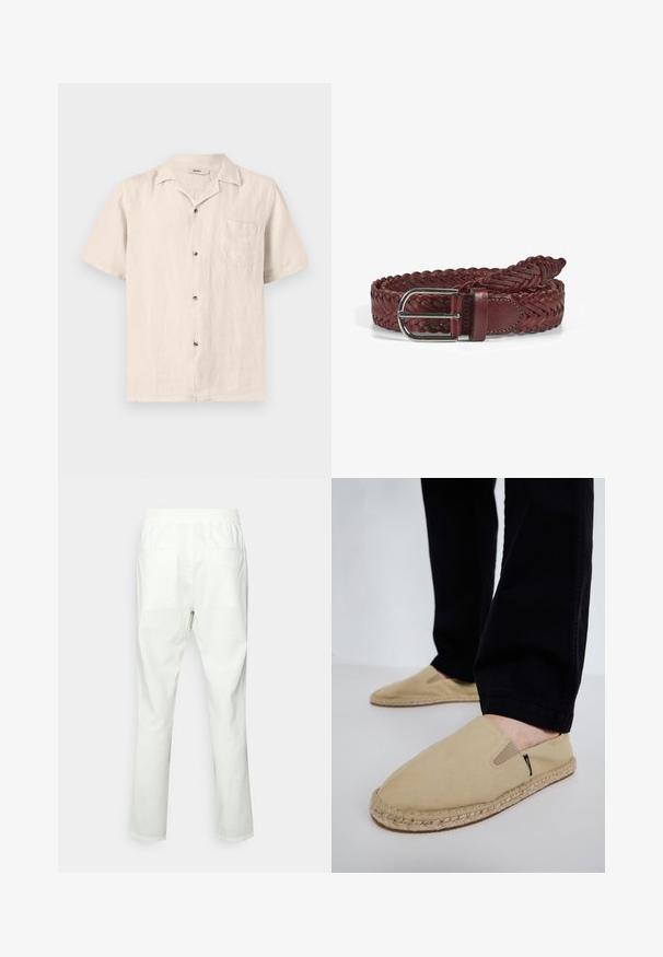 Camisa beige de manga corta con botones, bolsillo en el pecho y cuello tipo "camp collar", hecha de tela ligera y texturizada.; Pantalones blancos de algodón con cintura elástica, corte recto, dos bolsillos traseros y textura lisa y mate.; Zapatos de lona color beige tipo slip-on con gomas elásticas, suela de cuerda de yute y costuras en contraste. Llevados con pantalones negros ajustados.; Cinturón de cuero marrón trenzado con hebilla rectangular metálica plateada, textura suave y diseño trenzado que realza la flexibilidad y el estilo.