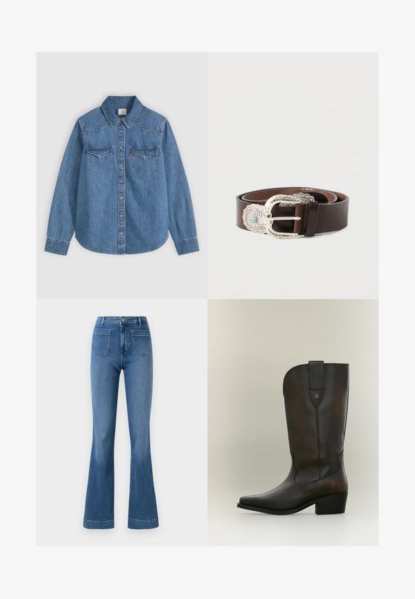 Camisa vaquera azul de manga larga con botones, cuello puntiagudo y dos bolsillos con solapa en el pecho sobre un fondo claro.; Jeans acampanados de color azul hechos de mezclilla con una cintura de altura media, que cuentan con dos bolsillos traseros y un dobladillo limpio. Textura suave y diseño clásico.; Bota de cuero marrón oscuro hasta mitad de la pantorrilla con tacón bajo de bloque, punta puntiaguda y una lengüeta cosida con un pequeño logo metálico.; Cinturón de cuero marrón con una hebilla ancha de plata decorativa que presenta un acento turquesa y detalles intrincados a lo largo del borde de la hebilla.