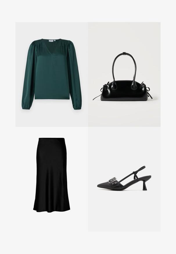 Groene satijnen blouse met een V-hals, lange pofmouwen en geplooide details op de schouders. Soepele textuur en een ontspannen pasvorm.; Zwarte satijnen midi-rok met een gladde textuur, een uitlopende zoom en een nauwsluitende tailleband, met een eenvoudig, klassiek ontwerp.; Simmi London DALA - Klassieke pumps - black; Kleine zwarte glanzende handtas met twee lange hengsels en zijkant trekkoord details op een effen lichte achtergrond.