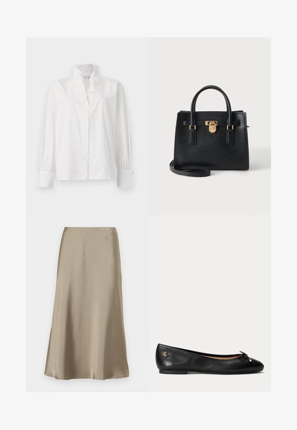 Chemisier blanc en coton avec un col volanté, des manches longues bouffantes et un devant boutonné orné de boutons ressemblant à des perles.; Jupe midi en satin beige avec une texture lisse et fluide et une taille haute, présentée sur un fond blanc uni.; Ballerine en cuir noir avec petit nœud et détail de logo doré au talon, semelle plate et bout arrondi.; Sac à main en cuir noir texturé avec deux poignées, détail verrou doré et bandoulière amovible sur un fond clair uni.