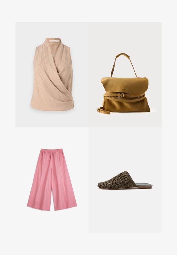 Haut sans manches beige avec un design drapé, arborant des rayures verticales blanches. Fabriqué en tissu léger avec une texture lisse.; Pantalon ample rose avec taille élastique et poches latérales, présenté à plat sur un fond blanc.; Mule tissée marron à enfiler avec une semelle plate et un bout fermé arrondi sur fond blanc.; Sac à main en daim couleur fauve avec rabat pliant, détail de ceinture réglable, poignée supérieure et bandoulière amovible sur un fond uni.