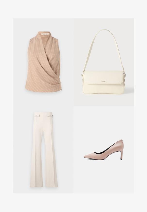 Top sin mangas beige con un diseño envolvente, con rayas verticales blancas. Está hecho de una tela ligera con una textura suave.; Pantalones de cintura alta color crema con piernas anchas, detalle de costura en la parte delantera y bolsillos con solapa y botones en la cinturilla.; Zapato de tacón alto beige con punta estrecha y tacón de aguja delgado sobre un fondo blanco liso.; Bolso de hombro de cuero color crema con cierre de solapa, herrajes plateados, una sola correa ajustable y detalles sutiles con el logo.