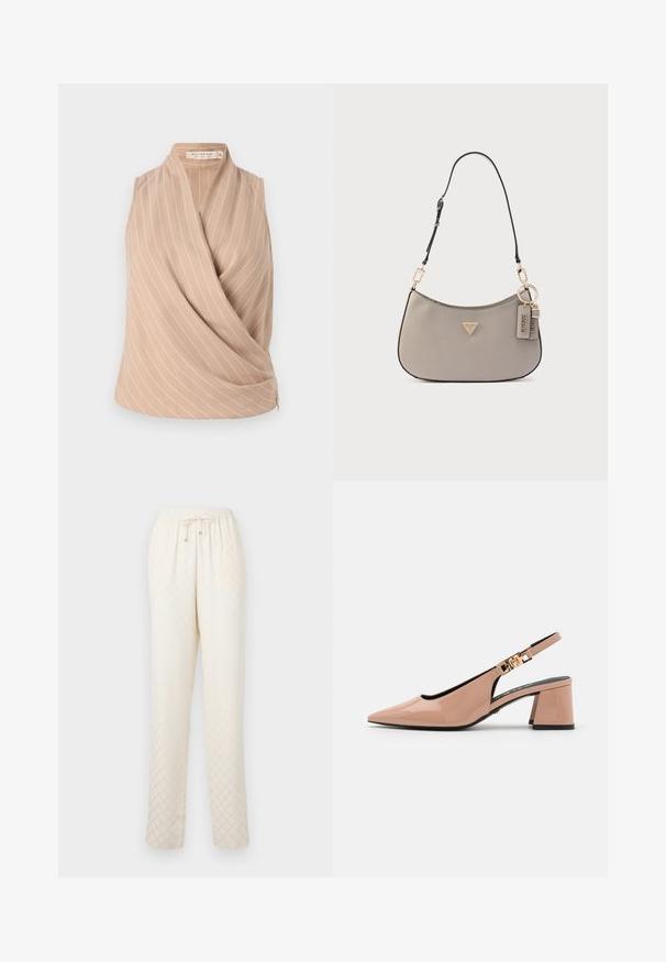 Top sin mangas beige con un diseño envolvente, con rayas verticales blancas. Está hecho de una tela ligera con una textura suave.; Pantalones de lounge de color beige claro, hechos de una tela suave, con un patrón de diamantes, cinturilla elástica con cordón y piernas rectas relajadas.; Zapato de tacón destalonado con punta afilada en piel sintética brillante color nude, que presenta un tacón bloque medio y un detalle de hardware dorado en la correa.; Bolso sintético gris con forma curva, detalles en hardware dorado y una correa desmontable. Presenta un emblema triangular con el logo y dos etiquetas.