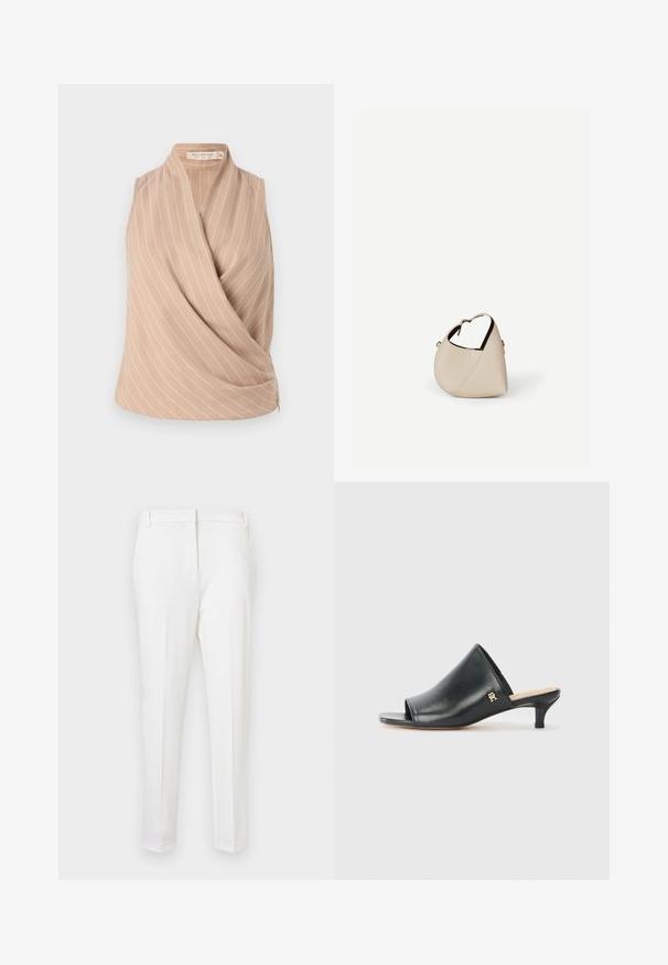 Top sin mangas beige con un diseño envolvente, con rayas verticales blancas. Está hecho de una tela ligera con una textura suave.; Pantalones blancos ajustados con un corte elegante, que presentan una textura suave, frente plano y passadores para cinturón. Sin bolsillos visibles ni herrajes prominentes.; Mules de cuero negro de punta abierta con un tacón bajo. Presentan una superficie lisa y un acento del logo dorado en el costado.; Bolso de cuero beige en forma de media luna con una sola correa para el hombro y costuras mínimas, colocado sobre un fondo blanco liso.
