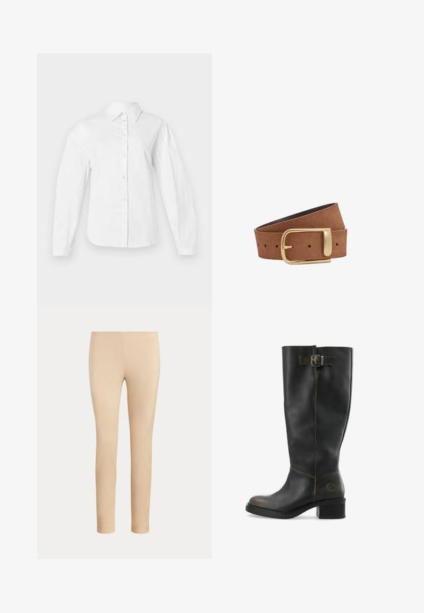 Witte button-up shirt gemaakt van gladde katoenen stof, met een klassieke kraag, lange mouwen en een rechte snit met knopen aan de voorkant.; Beige slim-fit enkellange broek met een gladde afwerking en zonder zichtbare zakken of versieringen op een effen achtergrond.; Zwarte leren kniehoge laars met een chunky hak, voorzien van een zijgesp accent en contrasterende stiksels langs de naden. Glad textuur.; Bruine suède riem met een gouden rechthoekige gesp, opgerold met zichtbare verstelgaten op een witte achtergrond.