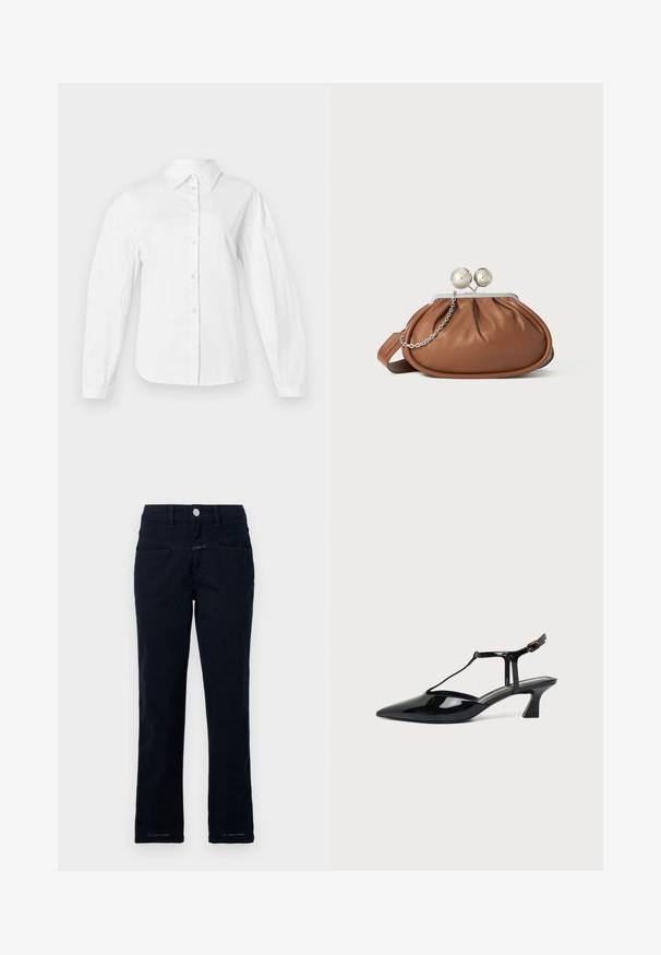 Witte button-up shirt gemaakt van gladde katoenen stof, met een klassieke kraag, lange mouwen en een rechte snit met knopen aan de voorkant.; Navy blauwe broek gemaakt van stretchkatoen met een recht model, voorzakken en een knoopsluiting bij de taille.; Zwarte pumps van lakleer met spits toelopende neus, T-strap en lage schuine blokhak op witte achtergrond.; Bruine leren clutch met een zilveren balsluiting en een klein zilveren kettingdetail op een witte achtergrond.