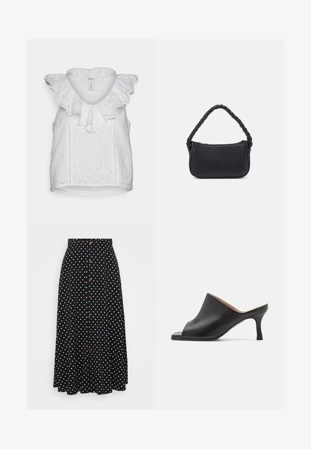 YAS Petite YASHOLI - Blusa - star white; Falda negra con lunares, de cintura alta, cierre frontal con botones, hasta la rodilla, hecha de un tejido con una textura suave y un drapeado sutil.; Selected ASHLEY - Mules de tacón - black; Bolso negro de forma redondeada, hecho de material liso. Presenta un asa trenzada y un cierre de cremallera para un almacenamiento seguro.