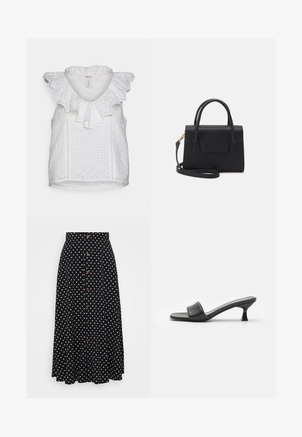 YAS Petite YASHOLI - Blusa - star white; Falda negra con lunares, de cintura alta, cierre frontal con botones, hasta la rodilla, hecha de un tejido con una textura suave y un drapeado sutil.; Mules negros con tacón, de parte superior de cuero mate y suave, puntera abierta, banda ancha en el empeine y tacón cuadrado y delgado.; Bolso estructurado negro de cuero con un asa superior, correa de hombro desmontable y un detalle de tapa en la parte frontal. Acentos en dorado.