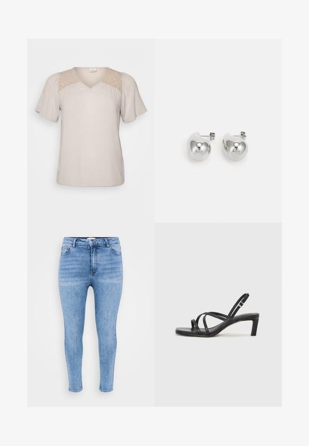 Beige kortærmet bluse med V-hals, præget af en tekstureret krop og blonder på skuldrene. Blødt stof med en løs pasform.; Lysblå skinny jeans lavet af denim, med høj talje, fem-lomme design og let falmning langs lårene.; Sort remsandale med firkantet tå og en lav blokeret hæl. Har flere tynde stropper og en justerbar ankelrem. Fremstillet af glat læder.; Sølvdroppøreringe med runde, reflekterende overflader; minimalistisk design med glat tekstur og subtilt brandingdetalje.