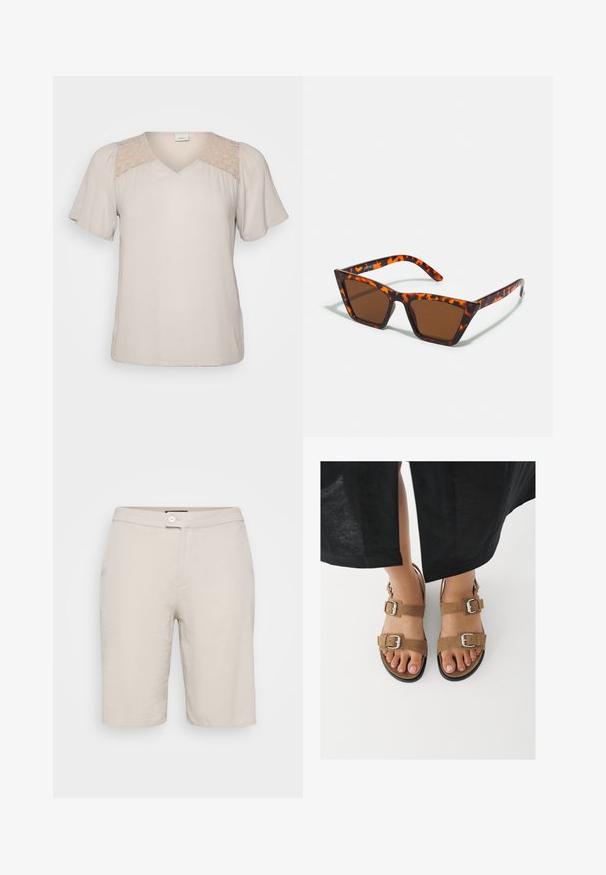 Beige kortærmet bluse med V-hals, præget af en tekstureret krop og blonder på skuldrene. Blødt stof med en løs pasform.; Beige bomulds shorts med en knappelukning, to sidelommer og en lige pasform. Har en glat tekstur og et enkelt design.; Fødder iført brune ruskindssandaler med sølvspænder, stående på en hvid overflade, med sorte bukser synlige over anklerne.; Brune tonede solbriller med et skildpadde-mønster, vinklede stel og slanke arme. Letvægts plastmateriale.