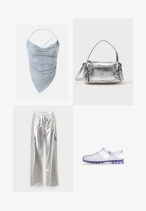 Haut asymétrique bleu clair à licou avec fines bretelles, agrémenté de petits clous ronds dorés et argentés disposés en motif dispersé.; MCM METALLIC PANTS - Pantalon cargo - silver; Sandales en plastique transparent violet avec bout fermé, dos ouvert et bride ajustable. Présente des découpes horizontales et verticales.; Sac à main en argent métallique de forme rectangulaire, avec une fermeture éclair sur le dessus et une poche avant. Il est doté d'une courte poignée et d'une sangle réglable. Fini texturé.
