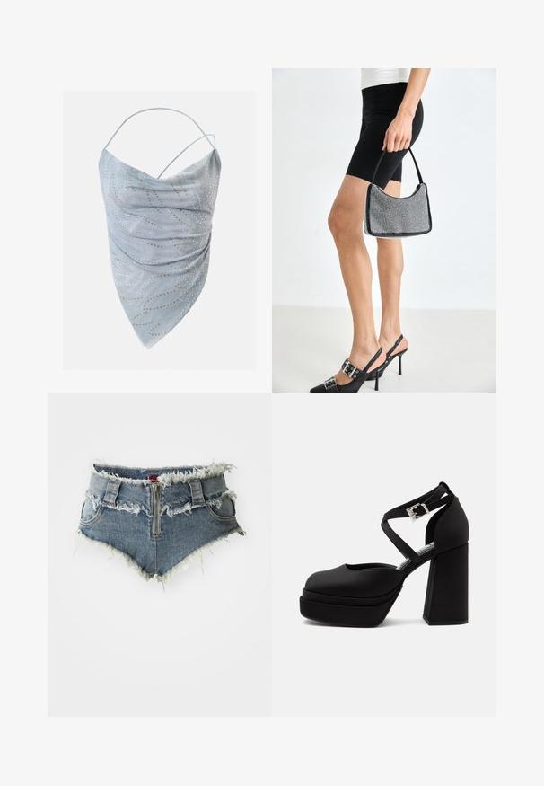 Lichtblauw asymmetrisch haltertop met dunne bandjes, voorzien van kleine goud- en zilverkleurige ronde studs in een verspreid patroon.; Denim shorts met rafelige zoom, hoge taille, rits aan de voorkant en twee zijzakken. Het materiaal is een vervaagde blauwe denim met versleten details.; Zwarte plateau-hoge hak met dikke blokhak, afgeronde neus en gekruiste enkelbandjes bevestigd met een zilveren gesp.; Zwarte beaded handtas met een gebogen silhouet, draaghandvat en glanzende textuur. Draagt bij hoge zwarte hakken en strakke zwarte shorts.
