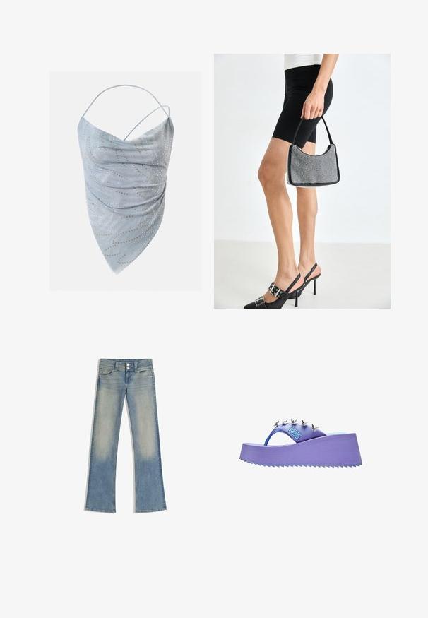 Haut asymétrique bleu clair à licou avec fines bretelles, agrémenté de petits clous ronds dorés et argentés disposés en motif dispersé.; Jean en denim bleu clair avec devant délavé, fermeture à double bouton et jambes évasées, posé à plat sur fond blanc.; Sandale plateforme violette avec décorations papillon argentées sur la bride et semelle texturée.; Sac à main à perles noires avec une silhouette courbée, une poignée de transport et une texture brillante. Porté avec des chaussures à talons hauts noires et un short noir ajusté.