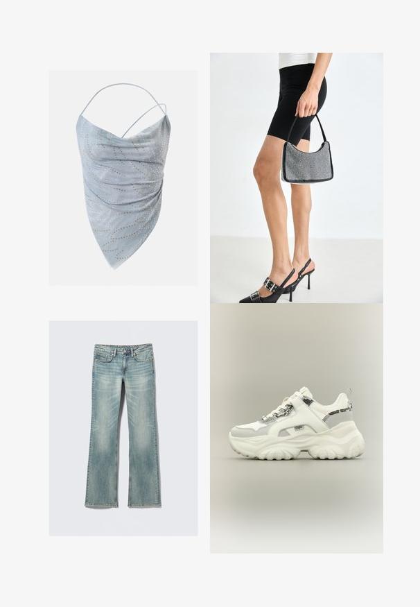 Lichtblauw asymmetrisch haltertop met dunne bandjes, voorzien van kleine goud- en zilverkleurige ronde studs in een verspreid patroon.; Lichtblauwe denim flared jeans met vervaagde plekken, een ritssluiting, vijf zakken en contrasterende stikseldetails. Zachte textuur en volledige lengte.; Witte chunky sneaker met slangenleren accenten, dikke gestructureerde zool en klittenbandsluiting over de veters op een neutrale achtergrond.; Zwarte beaded handtas met een gebogen silhouet, draaghandvat en glanzende textuur. Draagt bij hoge zwarte hakken en strakke zwarte shorts.