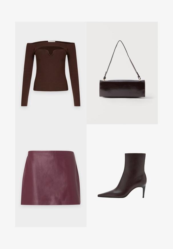 Haut marron à manches longues côtelées avec un design décolleté épaule et un col en V, présentant une silhouette texturée et ajustée.; Mini jupe en cuir bordeaux lisse avec une coupe droite et sans embellissements ni fermetures visibles.; Bottes en cuir marron à chevilles avec un bout pointu, tige élégante et un talon fin et haut. Texture lisse, design minimaliste, sans quincaillerie visible.; Sac à main rectangulaire en cuir noir avec une longue bandoulière unique et une finition brillante, présenté sur un fond blanc uni.