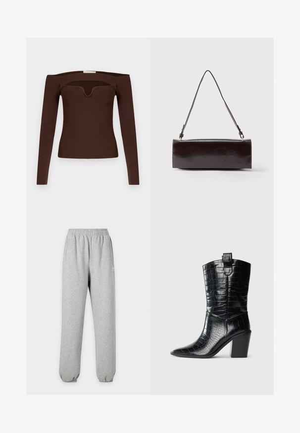 Bruine geribbelde top met lange mouwen, een off-shoulder ontwerp en een v-vormige halslijn, met een gestructureerd, aansluitend silhouet.; Lichtgrijze joggingbroek met elastische tailleband en boorden, zijzakken en een klein wit logo op het bovenbeen.; Zwarte westernlaars tot halverwege de kuit met een spitse neus, blokhak en hoogglanzend leer met krokodillenopdruk tegen een witte achtergrond.; Rechthoekige zwarte leren handtas met een enkele lange schouderband en een glanzende afwerking, weergegeven tegen een effen witte achtergrond.