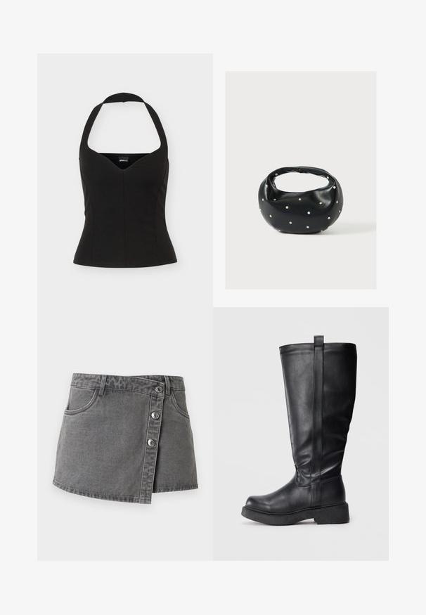 Sort halterneck tætsiddende top med sweetheart-udskæring og sømdetaljering, vist fladt på en hvid baggrund.; Grå denim mini nederdel med knaplukning foran, bæltestropper og forlommer, vist mod en hvid baggrund.; Sorte knæhøje støvler lavet af glat læder med rundet tå, flad sål og en lodret sømdetalje langs siden.; Sort læderhåndtaske med en rundet form, dekoreret med sølvnitter, og et kort håndtag. Glat tekstur og lynlåslukning.