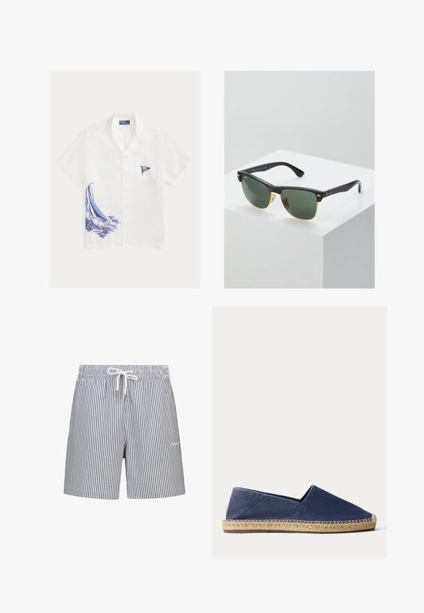Weißes kurzärmeliges Hemd mit Kragen, blauer Segelboot-Grafik unten links und kleinem blauem Flaggen-Emblem auf der Brusttasche.; Gestreifte Badehosen in Marineblau und Weiß. Hergestellt aus leichtem Stoff, mit elastischem Bund, Kordelzugverschluss und seitlichen Taschen.; Marineblaue Canvas-Espadrille mit naturgewebter Jutsohle und niedrigem Absatz, seitlich auf weißem Hintergrund dargestellt.; Ray-Ban Sonnenbrillen mit grünen Gläsern, schwarzen Kunststoffrahmen und goldenen Akzenten an den Rändern. Quadratische Form mit matter Oberfläche.