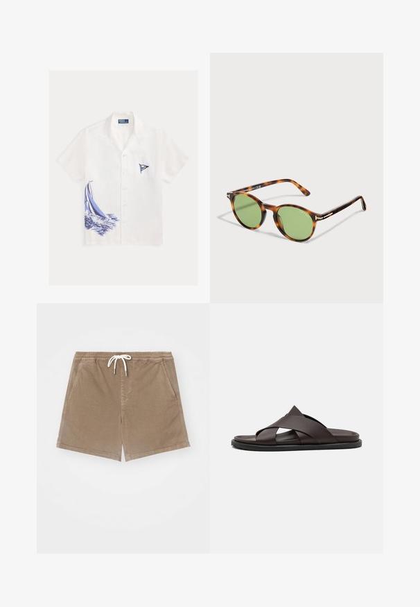 Chemise blanche à manches courtes avec col, motif bateau à voile bleu en bas à gauche et petit emblème bleu de drapeau sur la poche poitrine.; Shorts en coton marron avec une taille élastique et un cordon de serrage blanc, dotés de deux poches latérales et d'une coupe droite.; Stuart Weitzman BERKLEY - Mules - espresso; Lunettes de soleil rondes écaille de tortue avec verres verts et branches fines, signées Tom Ford sur le verre et la monture.