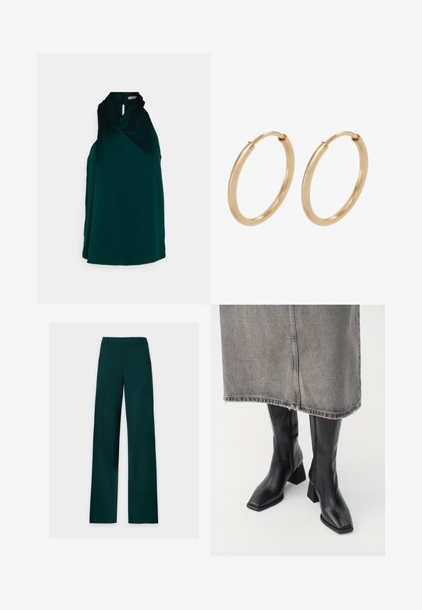 Anna Field Blusa - green; Pantalones verde oscuro de corte recto con trabillas para cinturón, cremallera frontal y perneras anchas, colocados planos sobre un fondo blanco.; Botas negras hasta la rodilla de cuero liso con punta cuadrada y tacón cuadrado. Llevadas con una falda de mezclilla gris con dobladillo desflecado.; Pendientes de aro de oro con un acabado suave y pulido. Forma redondeada, tamaño mediano, con un mecanismo de cierre seguro.