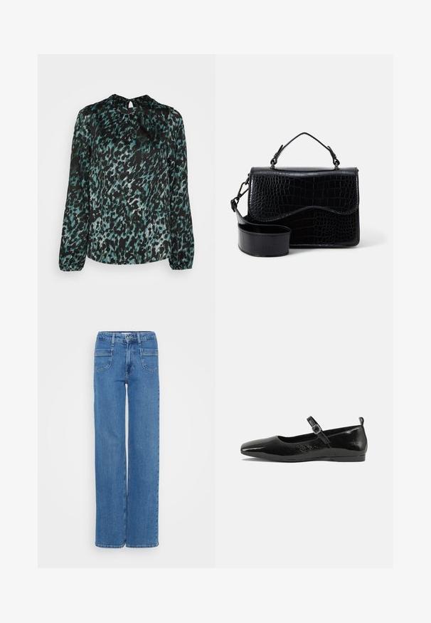 Vero Moda VMGILLEA - Pluus - black; Laiad sinised denim püksid, millel on kõrge vöökoht, viie tasku disain ja nähtavad õmblused õmblustel. Sile tekstuur, klassikaline viimistlus.; Mustmust musta nahk king, millel on terav nina, pahkluu rihm koos pandlaga ja sile, läikiv tekstuur. Madal konts mugavuse tagamiseks.; Must rä Black faux nahk Crossbody kott, millel on tekstureeritud krokodillimuster, ülemine käepide ja reguleeritav rihm. Omadus: kaarjas klapp sulgemine.