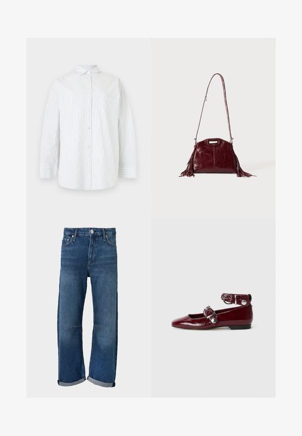 Chemise blanche à manches longues avec des rayures verticales subtiles et une poche poitrine unique, présentée sur un fond uni.; Jean en denim bleu avec taille élastique, bouton à l'avant, revers roulés et poches visibles à l'avant et à l'arrière.; Ballerines en cuir verni bordeaux avec un bout pointu, une bride de cheville avec une boucle en argent et un petit talon. Texture lisse sur l'ensemble.; Sac à bandoulière en cuir rouge foncé avec des détails à franges et une bandoulière réglable avec boucle argentée sur un fond clair uni.