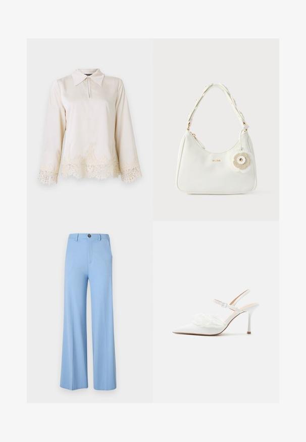 Blouse en crème avec un col, fermeture éclair à l'avant, et manches longues ornées d'une délicate dentelle au bas et aux bords des manches.; Pantalon large bleu clair en tissu lisse, équipé d'une fermeture à bouton et de poches avant. Design épuré et ajusté sans motifs.; Escarpin blanc à bout pointu avec bride arrière à talon haut, bride à la cheville et ornements décoratifs en perles et dentelle à l'avant.; Sac à main en similicuir blanc avec une forme incurvée, un accent floral et des accessoires dorés. Comprend une bandoulière texturée et une fermeture éclair.
