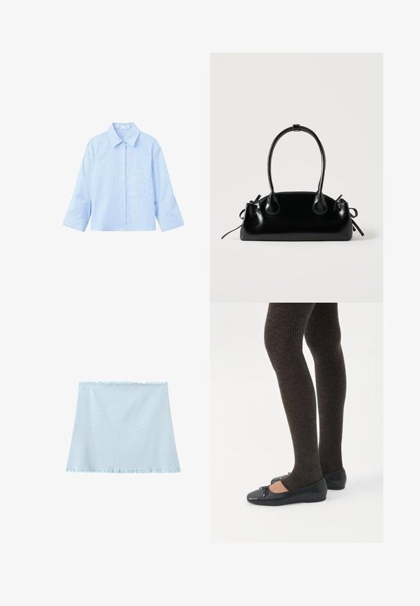 Chemise bleu clair à manches longues, boutonnée, avec de fines rayures verticales foncées et une poche poitrine à l'avant, présentée sur fond blanc.; Haut tube en maille bleu clair avec bords volantés en haut et en bas, posé à plat sur un fond blanc.; Jambes portant des leggings côtelés foncés associés à des ballerines noires avec de petits détails en nœud sur fond blanc.; Petit sac à main noir brillant avec deux longues anses et des détails à cordon sur les côtés sur un fond clair uni.
