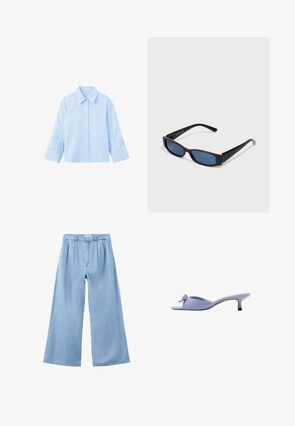 Chemise bleu clair à manches longues, boutonnée, avec de fines rayures verticales foncées et une poche poitrine à l'avant, présentée sur fond blanc.; Pantalon en jean bleu clair à jambes larges, avec plis devant, poches latérales et taille avec passants pour ceinture.; Mule lavande à bout ouvert avec petit talon et nœud décoratif sur la partie supérieure, vue de profil sur fond blanc.; Lunettes de soleil noires avec une monture rectangulaire élégante et des verres bleus. Présente une texture lisse et des branches robustes. Logo de la marque sur le côté.