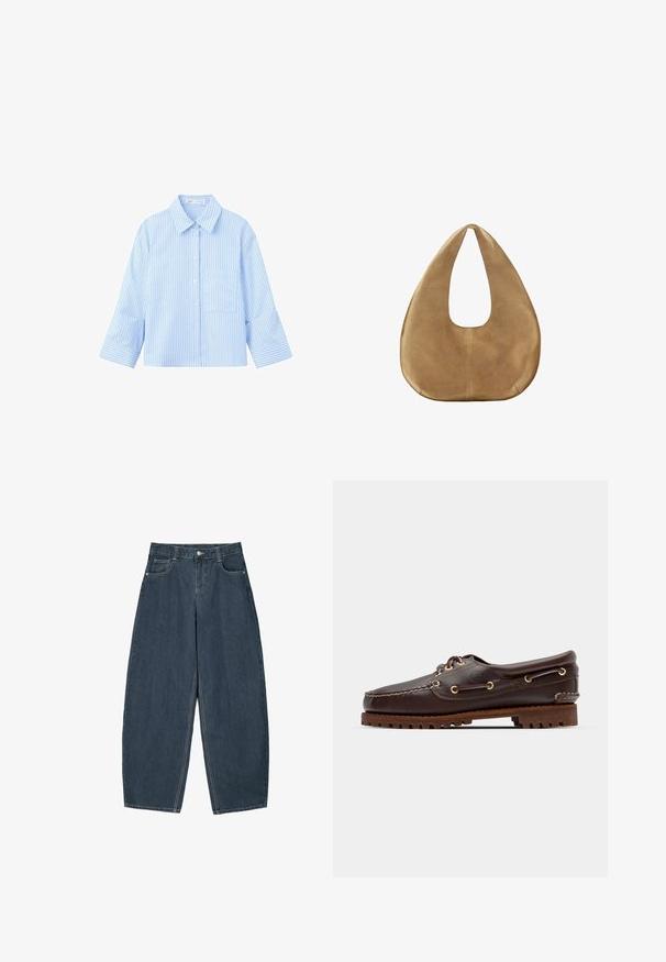 Chemise bleu clair à manches longues, boutonnée, avec de fines rayures verticales foncées et une poche poitrine à l'avant, présentée sur fond blanc.; Jeans en denim bleu foncé à jambes larges avec une taille haute, dotés de cinq poches et de détails de couture visibles. Design épuré et minimal.; Bateau en cuir marron avec des œillets dorés, des lacets ronds et une semelle en caoutchouc marron texturée. Présente des détails de couture et un logo en relief.; Sac hobo en daim couleur camel avec un corps large et arrondi et une seule anse plate, présenté sur fond blanc uni.