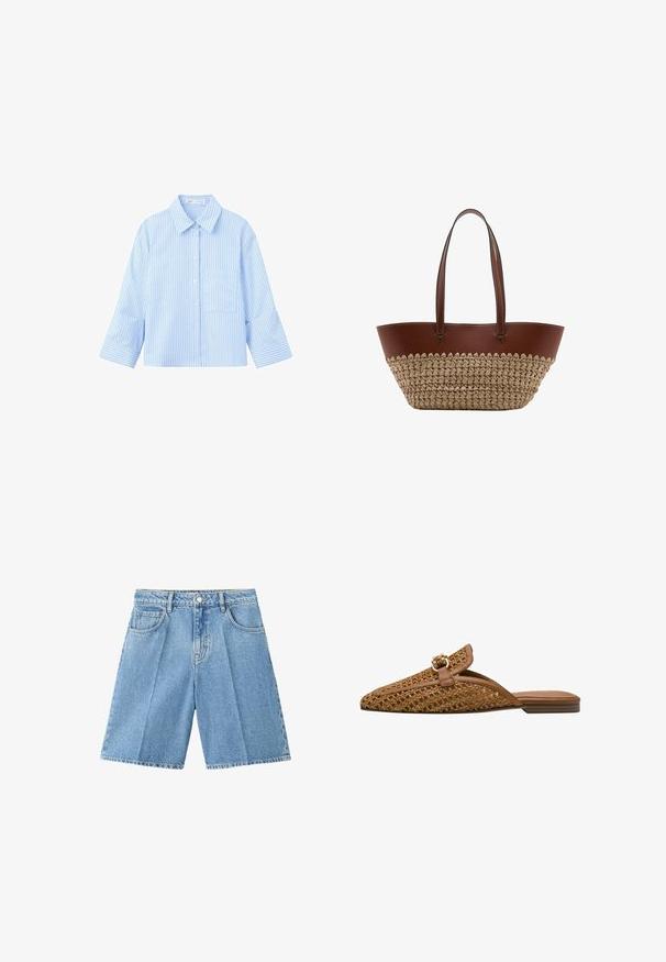 Chemise bleu clair à manches longues, boutonnée, avec de fines rayures verticales foncées et une poche poitrine à l'avant, présentée sur fond blanc.; Shorts en jean bleu clair avec poches avant, passants pour ceinture, fermeture par bouton et coupe jusqu'aux genoux, sur fond blanc.; Mules tissés marron avec un bout pointu, une sangle en cuir et une boucle décorative de couleur or. Semelle plate avec une finition lisse.; Sac cabas en cuir marron et paille tissée avec deux longues poignées et surpiqûres blanches sur la bordure en cuir.