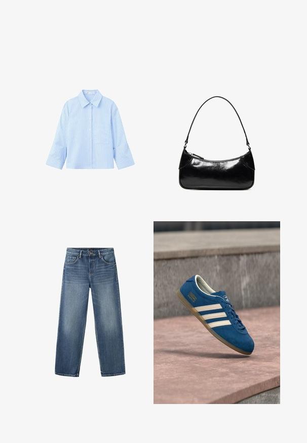 Chemise bleu clair à manches longues, boutonnée, avec de fines rayures verticales foncées et une poche poitrine à l'avant, présentée sur fond blanc.; Jean droit en denim bleu avec poches avant, passants de ceinture et fermeture par bouton.; Baskets en daim bleu avec bandes et lacets crème, semelle en caoutchouc naturel, surface texturée, bout arrondi et logo sur le côté.; Sac à épaule en cuir noir brillant avec un seul compartiment zippé et une fine bandoulière arquée.