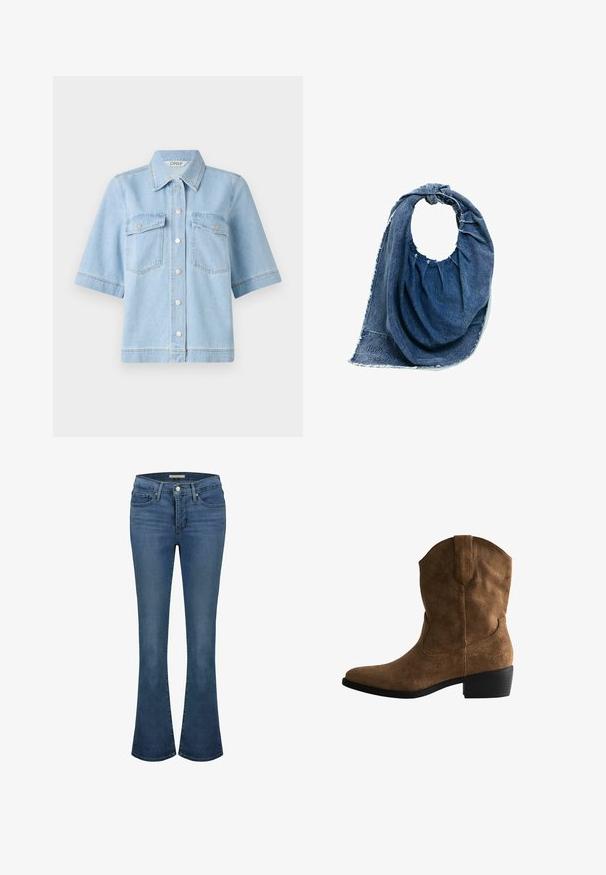 Lyseblå denim kortærmet skjorte med spidse kraver, to brystlommer og sølvfarvede trykknapper foran. Ren, glat tekstur.; Blå denim flare jeans med en mid-rise talje, har stikninger, to frontlommer og en baglomme.; Brune ruskinds cowboystøvle med spids tå, syninger og en stablet hæl. Har et klassisk western-design.; Blå denim skuldertaske med et rundt håndtag, detaljer af rynket stof og frynset kanter, med broderet mærketekst.