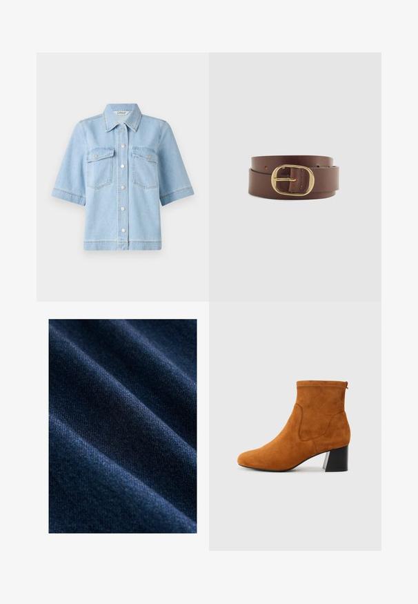 Hele sinine teksashirt lühikeste varrukatega, millel on terav krae, kaks rinna taskut ja hõbedased nööbid ees. Puhtad, siledad tekstuurid.; Tume sinine denimpind, millel on sile tekstuur, nähtavate diagonaalsetest kootud mustritest ning peenetest värvi ja läike erinevustest.; Kamina jõhvikas suéde nahast tumesinised. Omab kitsast varvast ja musta plokknähtust. Omadused: elastsed külgpaneelid ja tõmbeaas taga.; Pruun nahast vöö ovaalse kullast pandlaga, rullitud lihtsa heleda tausta vastu.