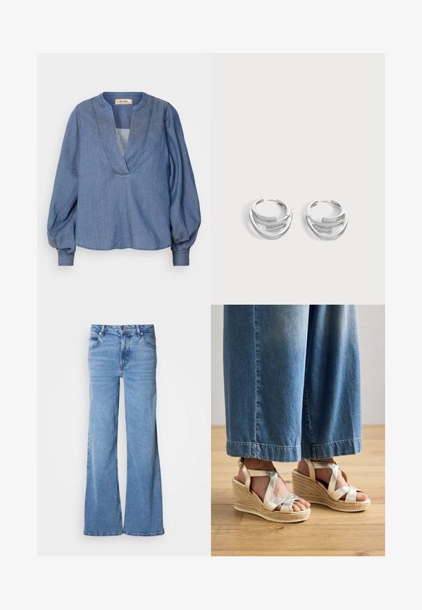 Blouse en denim bleu clair avec un décolleté en V profond, des manches ballon et une coupe décontractée. Présente des coutures structurées le long de l'encolure et des poignets.; Jean large de couleur bleu clair en denim. Doté d'un design classique à cinq poches et d'une braguette à boutons apparents. Texture douce et finition unie.; Sandales compensées dorées à lanières avec une base en jute tissée. Présente des brides croisées larges et un design à bout rond. Portées avec un jean large bleu clair.; Paire de boucles d'oreilles anneaux en argent poli avec un design de barre incurvée superposée sur un fond clair uni.