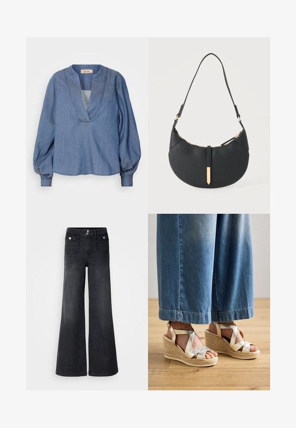Helles blaugraues Denim-Bluse mit tiefem V-Ausschnitt, Ballonärmeln und lockerer Passform. Verfügt über strukturierte Nähte entlang des Ausschnitts und der Ärmelbündchen.; Schwarze Denim-Jeans mit weitem Bein und hoher Taille, mit vorderen Knöpfen und zwei Vordertaschen; glatte Textur mit leichtem Verwaschungsfinish.; Goldene Riemchen-Wedge-Sandalen mit einem gewebten Jute-Sockel. Sie besitzen breite Kreuzriemen und ein rundes Zehen-Design. Getragen mit hellblauen weit geschnittenen Jeans.; Schwarze halbmondförmige Handtasche mit einem einzelnen Träger, goldenem Reißverschluss und einer goldenen rechteckigen dekorativen Lasche vorne.