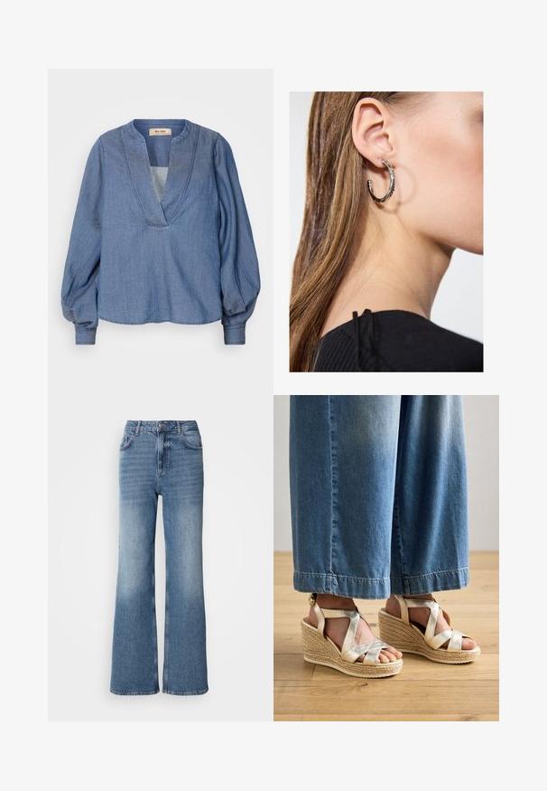 Lichtblauwe denim blouse met een diepe V-hals, ballonmouwen en een losse pasvorm. Kenmerkt zich door gestructureerde stiksels langs de halslijn en manchet.; Mos Mosh MAI - Straight leg jeans - blue wash; Gouden gekruiste wedge sandalen met een geweven jute basis. Kenmerkt brede kruisbanden en een ronde neusdesign. Draag ze met lichtblauwe wijde spijkerbroeken.; Zilveren oorbel met een gepolijste afwerking, met kleine gouden accentdetails en een ronde vorm, gedragen op de oorlel.