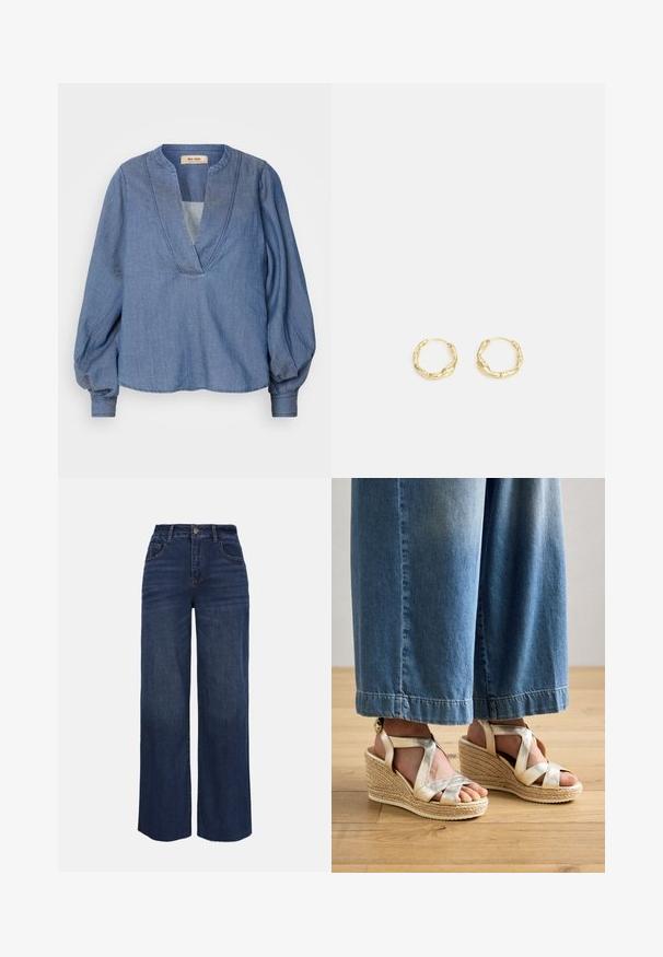 Lichtblauwe denim blouse met een diepe V-hals, ballonmouwen en een losse pasvorm. Kenmerkt zich door gestructureerde stiksels langs de halslijn en manchet.; Donkerblauwe jeans met hoge taille en wijde pijpen, voorzien van steekzakken aan de voorkant, riemlussen en knoopsluiting, afgebeeld tegen een eenvoudige achtergrond.; Gouden gekruiste wedge sandalen met een geweven jute basis. Kenmerkt brede kruisbanden en een ronde neusdesign. Draag ze met lichtblauwe wijde spijkerbroeken.; Gouden creolen met een gestructureerd, onregelmatig oppervlak. Beschikt over een lichtgewicht ontwerp en een ronde vorm, geschikt voor dagelijks gebruik.